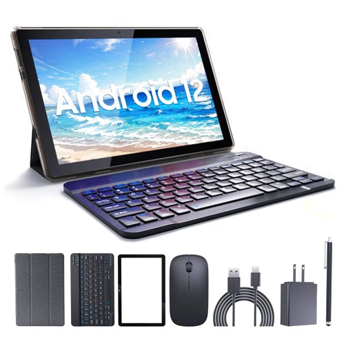 CUPEISI JKNV10 10.1 Inch Android 12 Tablet, Silver Set, 32GB ROM, 2MP Front and 8MP Rear Camera, 6000mAh Battery, 2-in-1 Keyboard with Touchpad and Stylus, HD IPS Touchscreen