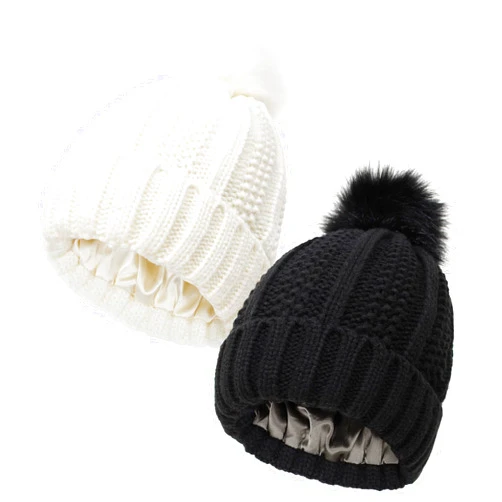 HGGE 2 Pack Womens Winter Beanie Hat Satin Lined Cable Knit Chunky Slouchy Beanies Skull Warm Cap