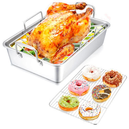 P&P CHEF Roasting Pan with Rack, P&P CHEF 14 Inch Stainless Steel Roaster Lasagna Pan & V-shaped Rack & Roasting Rack, Non Toxic & Heavy Duty, Brushed Surface & Dishwasher Safe, Rectangular