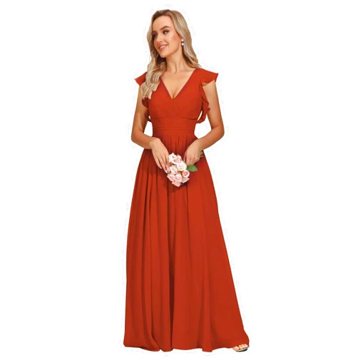 SMORBRID V Neck Bridesmaid Dresses for Women Long Pleats Chiffon Ruffles Sleeve Formal Evening Wedding Guest Dresses