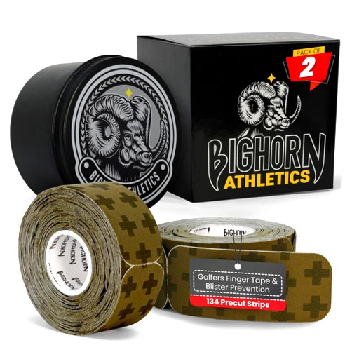 Bighorn Athletics KT Blister Prevention Tape for Fingers & Feet, Pre-Cut Strips, Golf Finger Tape, KT Blister Tape, Blister Protection for Running, Hiking, 2-Pack with Tin Can, Military Green+