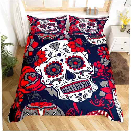 Feelyou Gothic Skull Duvet Cover Death Skull Floral Comforter Cover Set King Size, Sugar Skull Bedding Set for Boys Girls Adults,Death Skeleton Decor Black Red Rose Bedding,1Duvet Cover 2 Pillow Shams