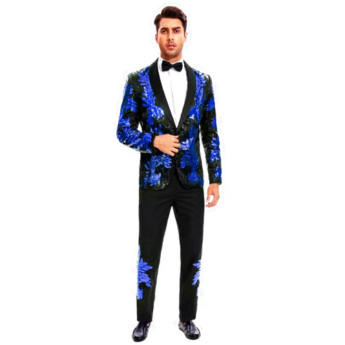 Homhous Men's Suit 2 Pieces Blazer and Pants Black with Gold Applique Fit for Wedding Prom