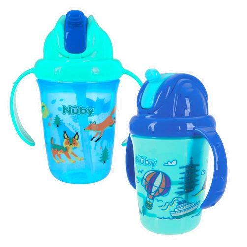 Nuby No-Spill Trainer Soft Straw Two Handle Cup | Flip-n Sip | 2 Pack: Blue Animals & Cars, Aqua Travel & Pink Animals or Ocean | 8oz/ 240 ml | 12+ Months
