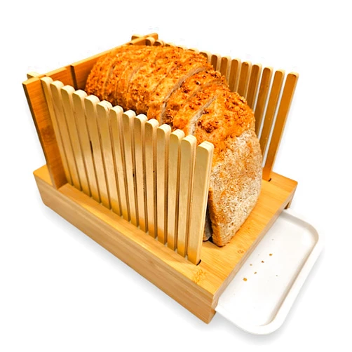 Eon Concepts Bamboo Bread Slicer Guide Cutter For Slicing Homemade Bread, Bagels, Sourdough Loaves - Folable & Compact, Adjustable Width & Thickness, Crumb Tray, Kitchen Gadget & Gifts