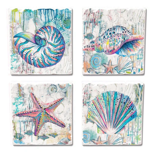 Counterart Thirstystone Jewels of The Sea 4 Pack Assorted Tumbled Tile Stone Coasters with Protective Cork Backing Manufactured in The USA Absorbent Easily Wipes Clean