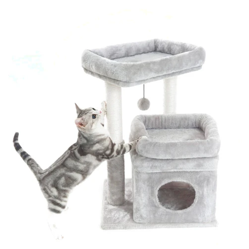 Pesofer Cat Tree, Small Cat Tower with Dangling Ball and Large Perches Light Gray