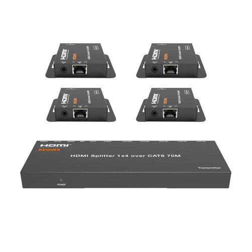 KEQINX 1x4 HDMI Extender Splitter 4K Over Cat6 70m/230ft POC with 4X Receivers IR Control EDID HDMI Over Ethernet Splitter