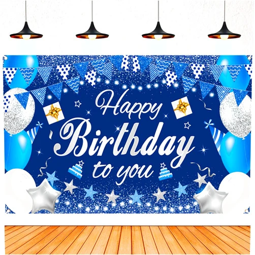 GBAONSTR Happy Birthday Decorations Banner Sign,Blue Happy Birthday Backdrop,Birthday Party Supplies Photo Background for Men Women,70.8 x 45.3 Inch(Navy Blue and Silver)
