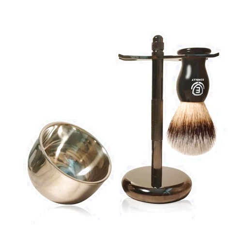 ECHOLLY Premium Shaving Brush Kit-3 in 1 Shaving Brush Set for Men Includes Badger Synthetic Hair Shaving Brush,Stainless Steel Shaving Soap Bowl and Safety Stand for Mens Shaving Gift Set (Black)