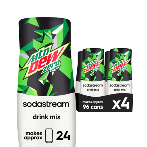 SodaStream - Mountain Dew Zero Sugar Drink Mix | For Sparkling Water Makers | Sugar-Free, 0 Calories | Caffeine: 48mg/12oz | Makes 96 Servings | 14.9 Fl Oz, Pack of 4