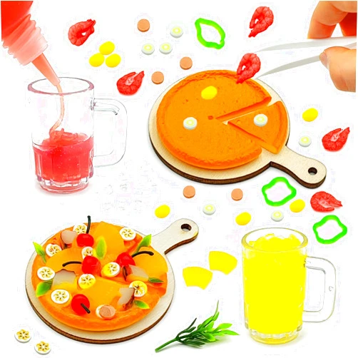DSHMIXIA DIY Mini Foods Toy Making Pizza Drink Material Kit Kitchen Pretend Play Food Set for Kids Age 8+ Make Your Food (Pizza Set)