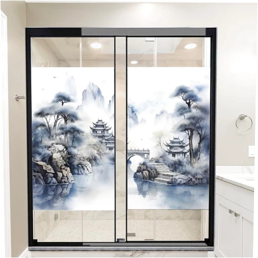SOPIYRIO Watercolor River Privacy Window Film Nature Mountain Chinese Architecture Static Cling Window Film Home Windows Glass Decorative Door Covering Sun Blocking 17.7Wx23.6L-inch x2 Pcs