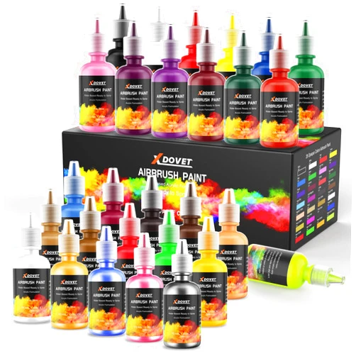 XDOVET Airbrush Paint, 28 Colors Airbrush Paint Set (30 ml/1 oz), Ready to Spray, Opaque & Neon Colors, Water-Based, Premium Acrylic Airbrush Paint Kit for Beginners, Hobbyist and Artists