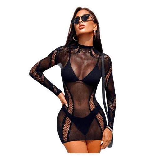 MakeMeChic Women's Long Sleeve Bodycon Mini Dress Hollow Out Sheer Mesh Cover Up Dress