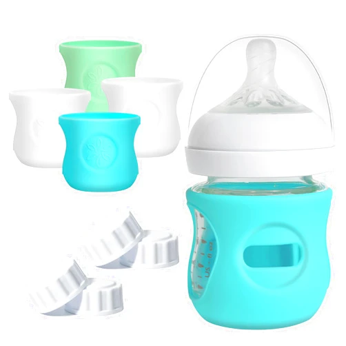 Joxodak 4 Pack Silicone Sleeves for Philips Avent Glass Bottle Food Grade Silicone Bottle Cover and 4pcs Travel Bottle Caps, Bottle Lids Replacement (White+Blue+Green, 4oz)