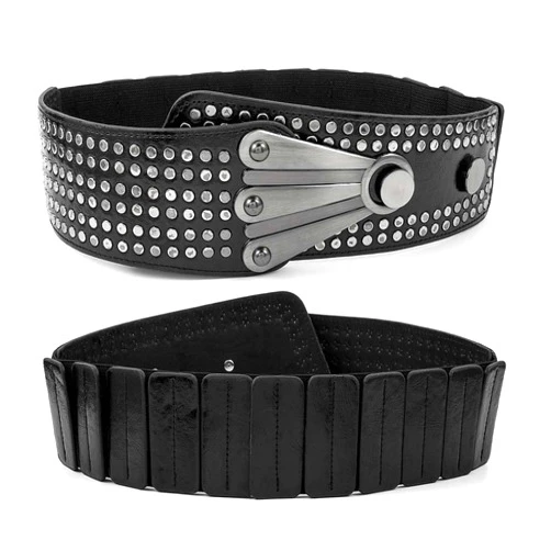 Vivilly Women's Punk PU Rivet Belt Elastic Mental Interlock Buckle Belt Vintage Stretchy Belts Cinch Belts for Dress