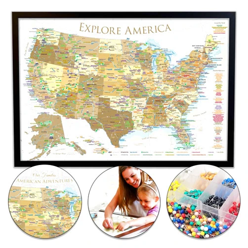 GEOJANGO Custom National Parks Map with Pins - 700 NPS Sites - Push Pin Travel Map - Perfect for trekking the National Parks - Framed Map, Rolled Poster, or Stretched Canvas - Gold Edition - Includes 500 pins