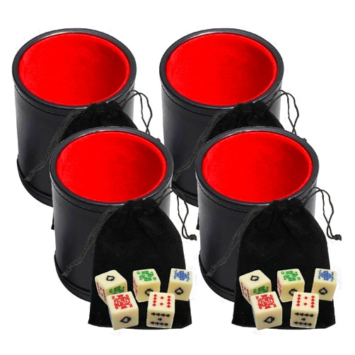Cyber-Deals Black PU Leather Red Felt Lined Dice Cup with Ivory Tone Poker Dice in Storage Pouch Set (4 Sets)