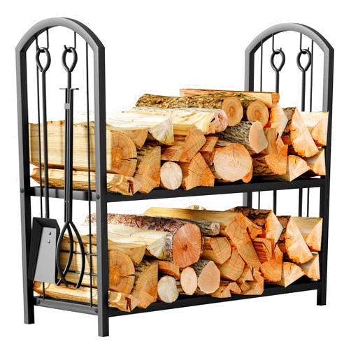 Fire Beauty Fireplace Firewood Log Rack 5-Piece Storage Logs Holder with Tools Set with 4 Tools Set Fireside Holders Wood Lumber Storage Stacking Black
