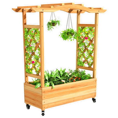 YITAHOME Raised Garden Bed with Trellis and Lockable Wheels, Wood Free-Standing Trellis Planter Box with Hanging Roof for Climbing Plants Flowers in Garden, Patio, Backyard, Balcony, Natural
