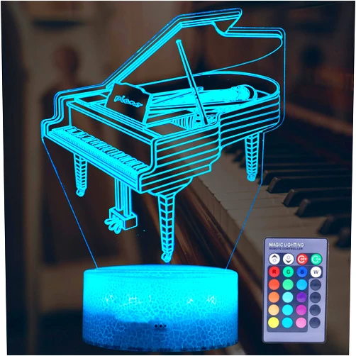POSSHE Piano Night Light, Instrument Gifts, Piano 3D Illusion Lamp with 16 Colors Changing, Remote Control and Dimmable, Kids Boys Girls Room Decoration, Holiday Xmas Music Gifts