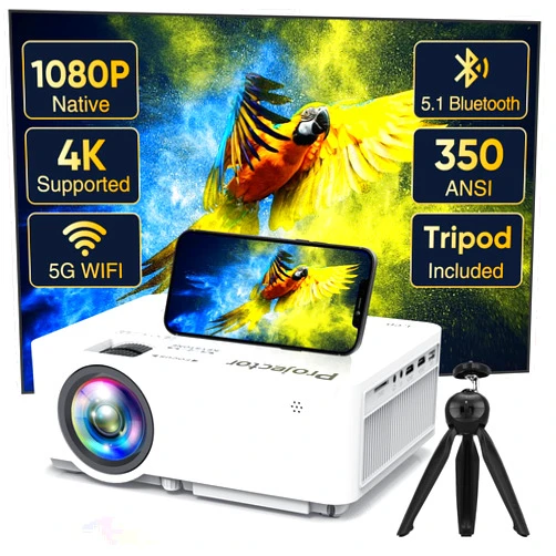 PANSEBA Native 1080P Projector with 5G WiFi Bluetooth (with Tripod), 4K Supported Home Projector, Portable Outdoor Projector with Max 300