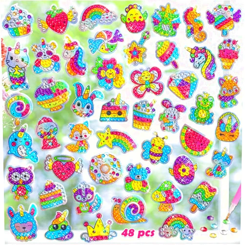 GWAHSA 48pcs Diamond Art Stickers, Art and Crafts Big Gem Art Set for Kids Ages 4-6 6-8 8-12 Boy Girls 5D Sparkle Dot Suncatcher Kit Toys Gift for Birthday Party Halloween Christmas Goodie Bag Fillers