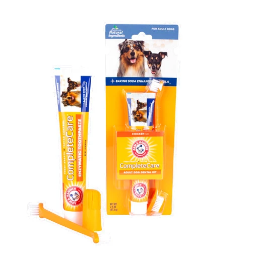 Arm & Hammer Complete Care Dog Dental Kit 2.5oz Chicken Flavored Dog Toothpaste, Double Side Dog Toothbrush, Rubber Dog Finger Brus Arm & Hammer Baking Soda Enhanced Formula