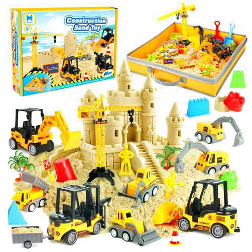Helsort Sand Construction Site Kit - 37 Pcs Play Sand Art Kit with 8 Construction Trucks, Folding Sandbox, 2.2 lbs Magic Sand, Crane, Worker, Road Signs, Molds, Shovel - Ideal Toys for Boys Girls Age 3+