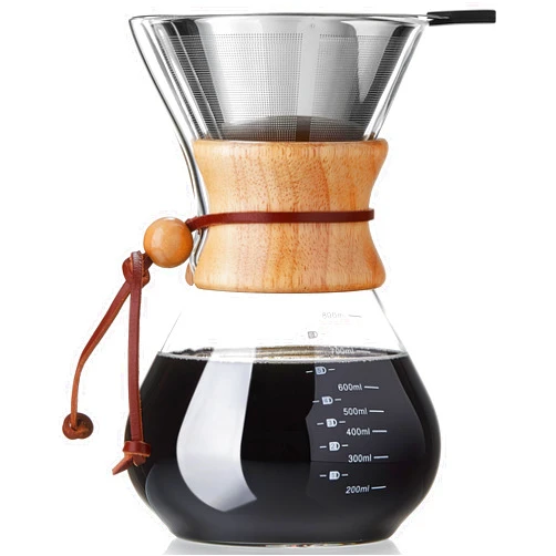 Unbreakable Pour Over Coffee Maker with Reusable Stainless Steel Filter, Thickened Heat-Resistant Borosilicate Glass, Stovetop Safe, 27oz, 6-7 Cups
