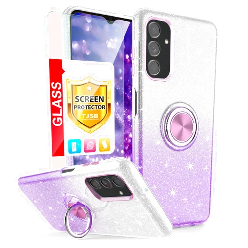 TJS Compatible with Samsung Galaxy A14 5G Case, with Tempered Glass Screen Protector, Metal Ring Magnetic Support Kickstand Tone Shinny Glitter for Girls Women Phone Case (Purple)