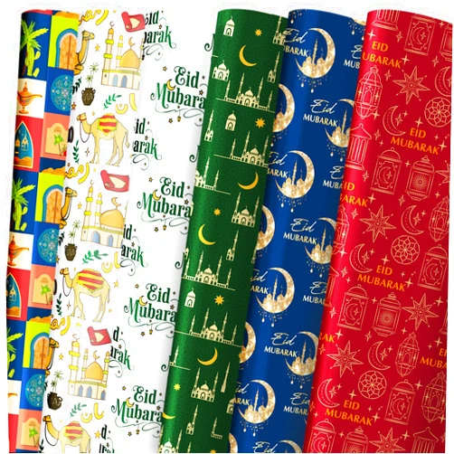 LeZakaa Eid Mubarak Wrapping Paper,Islamic Festival Gift Wrap with Lantern, Crescent Moon, Mosque 6 Designs for Eid al-Fitr, Ramadan Muslim Celebration, Folded Flat 6 Sheets, 19.7