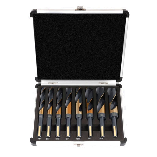 COMOWARE Reduced Shank Drill Bit Set- 1/2” Silver and Deming Large Drill Bit, 8 pcs HSS M2 Black and Gold Oxide Finish, 135 Degree Split Point, Ideal for Smooth Drilling, with Storage case