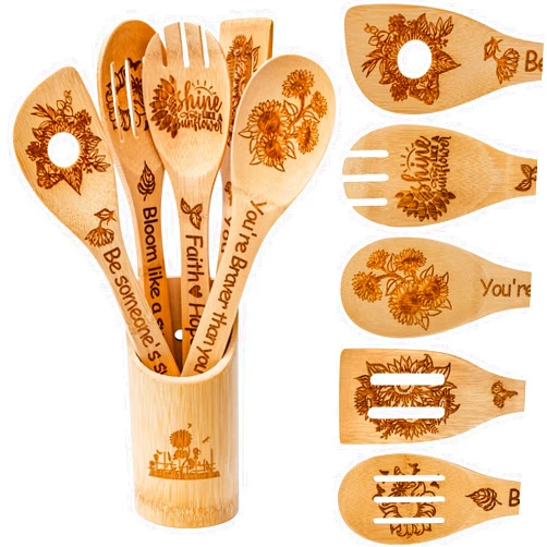 Homyplaza Wooden Spoons for Cooking 5PCS Sunflowers Gift Kitchen Decor Engraved Cooking Utensils Set, Kitchen Cooking Supplies, Bamboo Spoon Slotted Kitchen Housewarming Gift