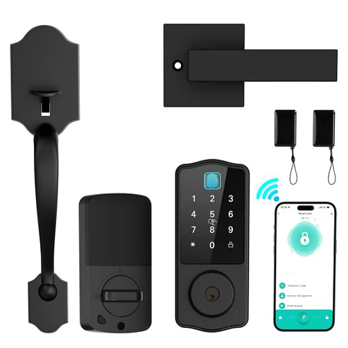 Hunnay WiFi Front Door Lock Set, Keyless Entry Door Lock Deadbolt with Handle Set, Smart Locks for Front Door, Keypad Entry Door Lock, Fingerprint Lock APP Control Bluetooth Alexa Door Lock, Black