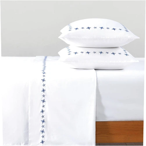 PANDATEX 400TC 100% Cotton Sateen Full Size Sheets, 4 Piece Hotel Luxury Sheets with 16'' Deep Pocket, Daisy Embroidered Breathable Bedding Set, Blue on White