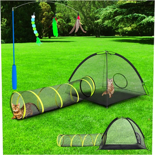 Wilhiker Outdoor Cat Enclosures for Indoor Cats, Large Cat Tent and Cat Tunnel for Outside, Portable Mesh Cat Play House, with 1 Retractable Cat Wand Toy and 3 Cat Feather Toys (2PC Cat House Tent and Tunnel)