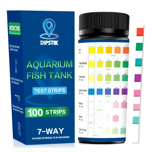 DIPSTIK Aquarium Test Strips, 7-Way Aquarium Test Kit for Freshwater Saltwater,100 Strips Quick and Accurate Fish Tank Pond Test Strips,Test Nitrate, Nitrite, Chlorine,Hardness,Alkalinity, Carbonate, Ph