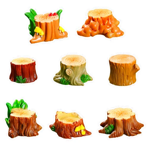 Leefasy 8Pcs Miniature Tree Stumps,Dollhouse Decoration Art Sculptures Small Root Stumps Figurines for Porch Planter Parks Flower Bed