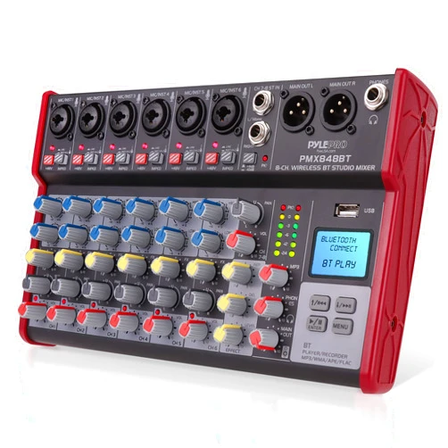 Pyle Professional Wireless DJ Audio Mixer - 8-Channel Bluetooth Compatible DJ Controller Sound Mixer w/USB Port, 6 Mic/Line Input, ¼” Mono/Stereo Input, Headphone Jack, 48V Phantom Power - PMX848BT