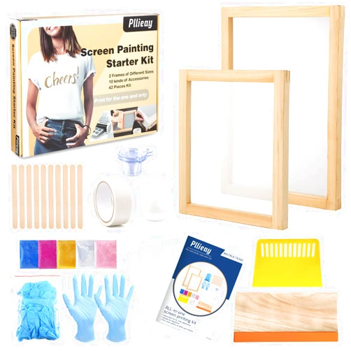 Pllieay 42 Pieces Screen Printing Kit with Instructions, Include 2 Pieces Wood Silk Screen Printing Frames, 5 Colors Fine Glitter, Screen Printing Squeegee, and Waterproof Transparency Films