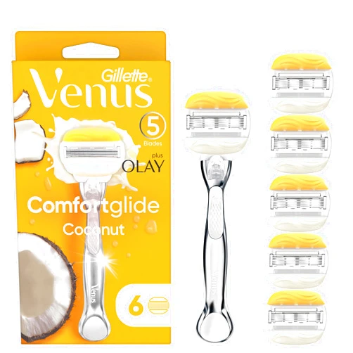 Gillette Venus Comfortglide with Olay Coconut Womens Razor Handle + 6 Blade Refills, Silver