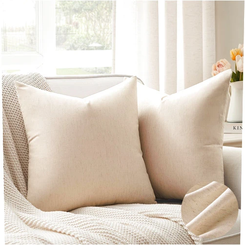 Topfinel Natural Linen Pillow Covers 18x18 Set of 2, Farmhouse Boho Home Decor Cozy Textured Linen Decorative Pillowcase for Sofa Couch, Beige Light Linen Throw Pillow Covers