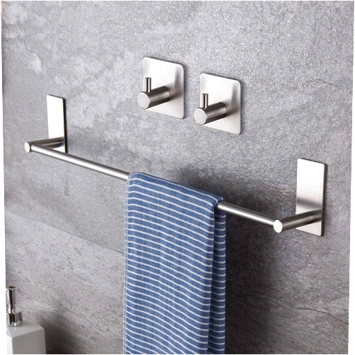 Taozun 16-Inch Towel Bar - Self Adhesive Bathroom Towel Holder with 2 Packs Towel Hooks, Stainless Steel Bathroom Hardware Accessory Kit, No Drilling