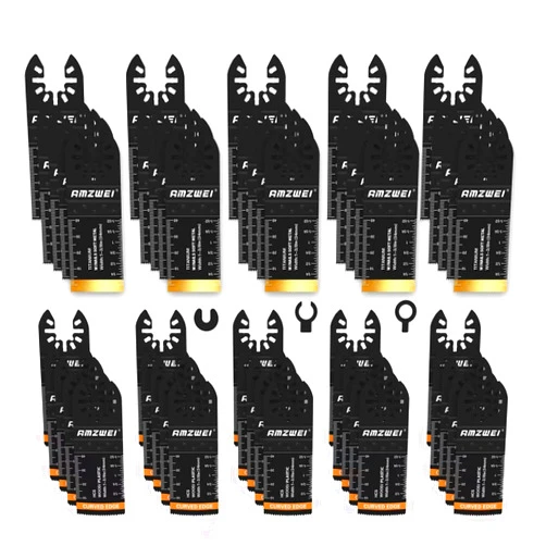 AMZWEI 50PCS Multi Tool Blade Kits, Professional Titanium Oscillating Tool Blades for Metal, Wood, Plastic, Curved Edge Oscillating Saw Blades Compatible with Dewalt Milwaukee Ryobi Rockwell Fein