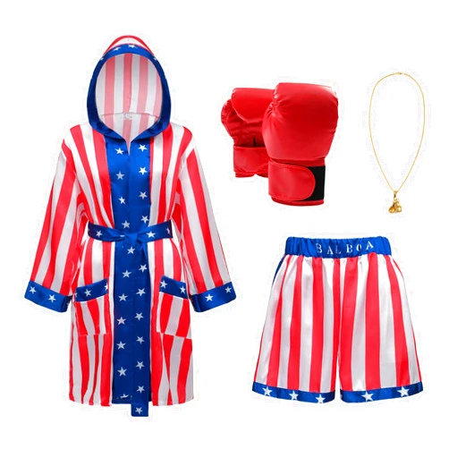 Regenboog American Flag Boxing Costume Men and Women,Rocky Balboa Costume Adult,Satin Boxer Robe Shorts Belt,Boxing Gloves