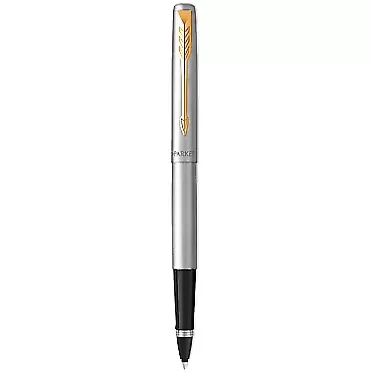 Parker Rollerball Pen, Jotter Stainless Steel Rollerball Pen, Gold Trim, Fine Tip, Black Stainless Steel Gold Trim