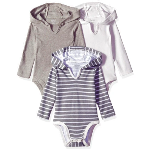 Hanes Unisex-Baby Hanes Baby Bodysuits, Ultimate Baby Flexy Hoodie Long Sleeve Bodysuit, Babies And Toddlers, 3-Pack