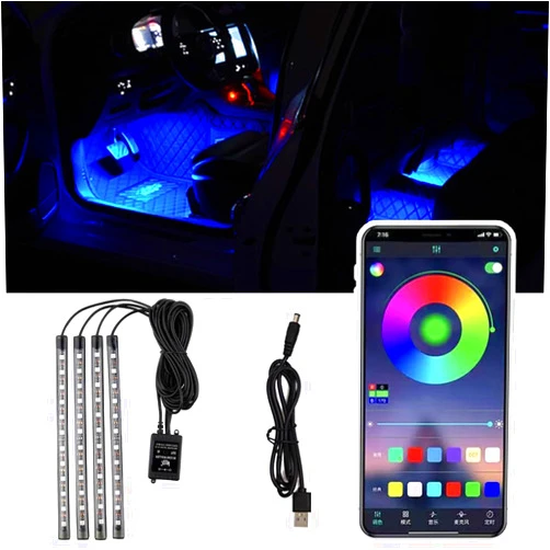 Ongfuwu Car Led Interior Lights, 48 LED Multi Color Strip Light Under Dash Lighting Kit with APP Control, 12V Vehicle RGB Smart Music Sync Color Change Lights, Car Accessories (USB+APP)